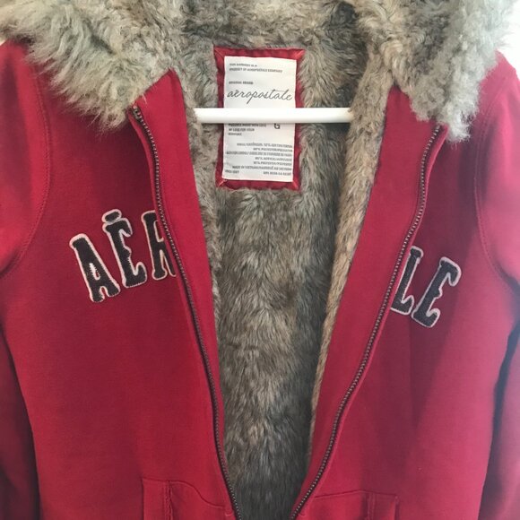 Aeropostale hoodie faux fur lined zip red velvet spell out Y2K women L skater - Picture 2 of 7